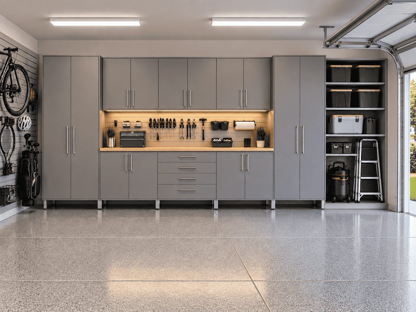 Two-car garage with gray custom cabinets, a tool wall, and bike storage